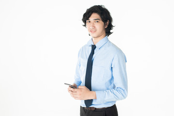Business man is holding smart phone on white background
