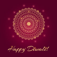 Happy diwali greetings banner. Ornamental mandala on red background