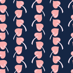 Cute pink hearts on blue background. Seamless hand drawn patterns.