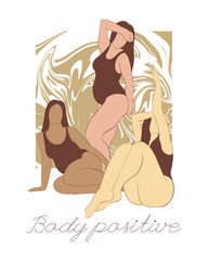 Body positive. Vector hand drawn illustration of fat women in swimsuit isolated. Creative tattoo artwork. Template for card, poster. banner, print for t-shirt, pin, badge, patch.