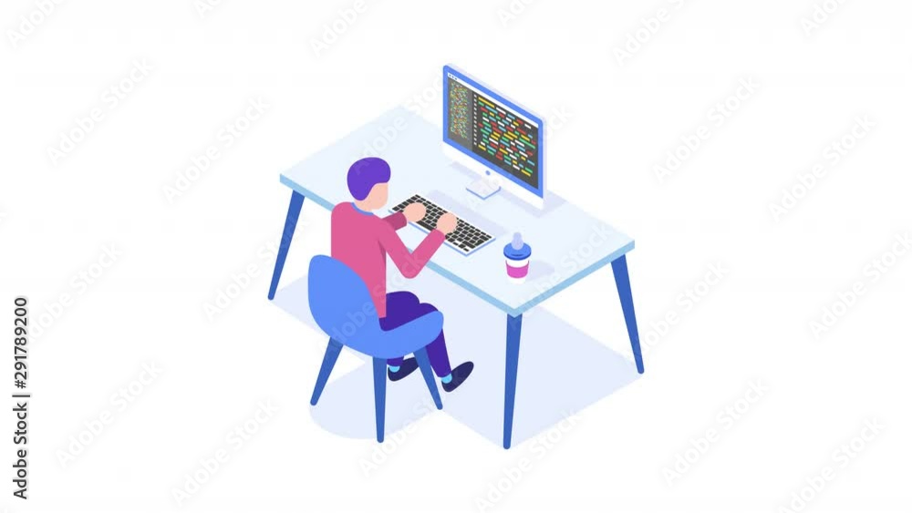Poster programming concept, web engineer at work. man working on desktop computer.