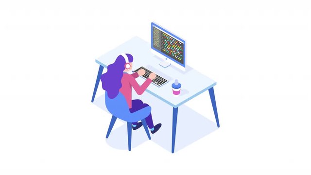 Programming concept, web engineer at work. Woman working on desktop computer.