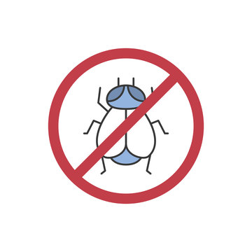 Fly icon in prohibition red circle, No insects ban sign, forbidden symbol. Vector illustration isolated on white.