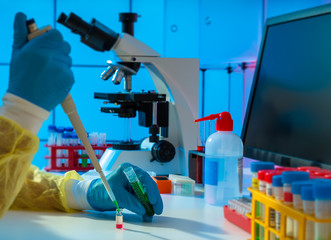 scientific experiment in microbiology laboratory. pipetting genetic materials