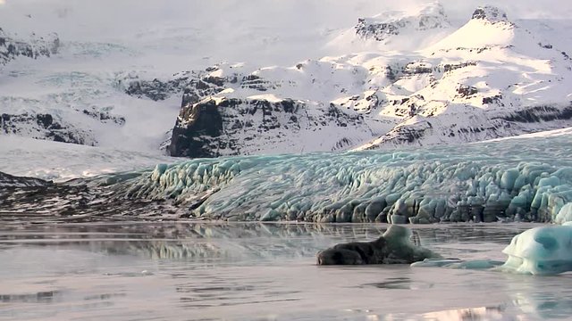 Pan right, large sheet of ice in Iceland
