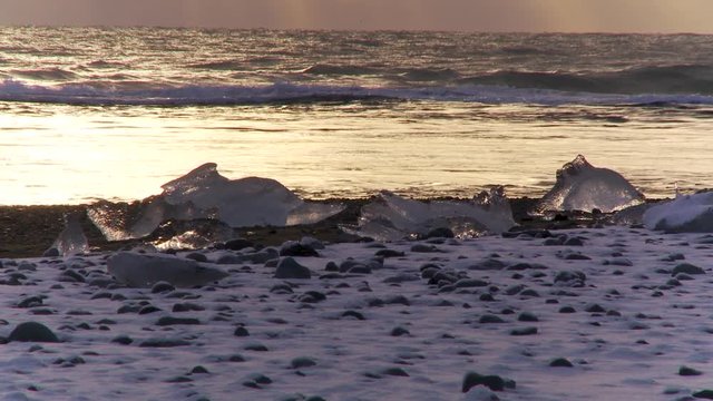Wide, sunset over icy beach in Iceland