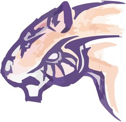 Tiger head in tribal style vector design. Stylized tiger head symbol in darkly blue and orange colors isolated on a white background
