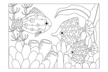 Decorative aquarium fish. Children's picture coloring. Vector
