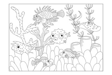 Poisonous fish: boxfish, lionfish, Stingray, Blowfish, sea bass. Children's picture coloring. Vector