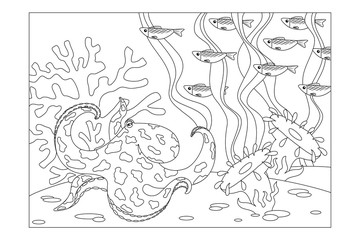 Seabed with inhabitants: octopus, coral, algae, sea anemones, shoals of fish. Children's picture coloring. Vector