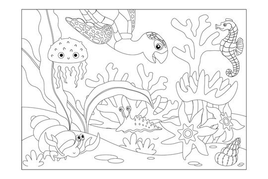 Coral reef with inhabitants: turtle, seahorse, jellyfish, crab, shell, slug. Children's picture coloring. Vector.