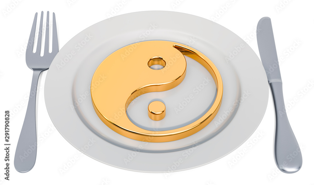 Aufkleber taoist diet concept. plate with yin and yang. 3d rendering