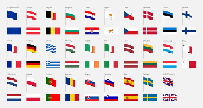 The European Union. Set of flags. Flagpole.