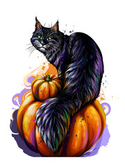  Cat.  Wall sticker. Color hand-drawn image of a black cat sitting on a pumpkin in a watercolor style.