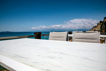 white wooden desk and blue sky 