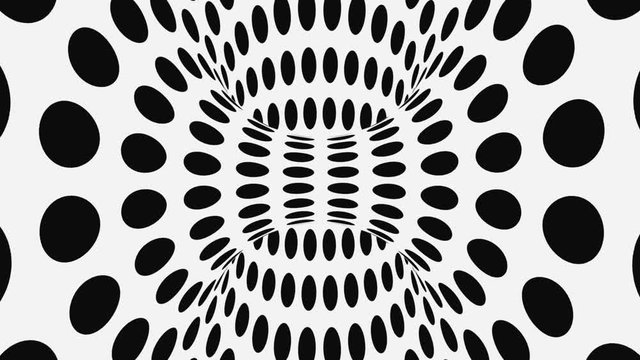 Black and white psychedelic optical illusion. Abstract hypnotic animated background. Polka dot geometric monochrome wallpaper