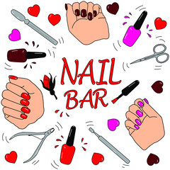 Hand-drawn colored vector illustration of  nail service concept with lettering. Included images female hands with perfect manicure, some manicure tool, bottle of nail-polish and artistic doodle elemen