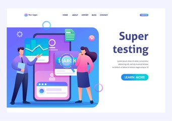 Young people stand near the mobile phone screen, testing the program and mobile application. Flat 2D character. Landing page concepts and web design