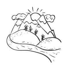 Vector sketch, mountain landscape with sunrise, clouds and trees. River at the foot of the mountains