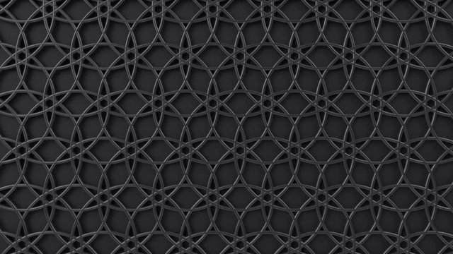Arabesque looping geometric pattern. Black and metal islamic 3d motif. Arabic oriental animated background.