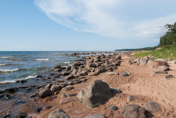 Aerial view to the Shoreline of Baltic sea beach with rocks