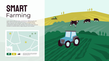 Fototapeta na wymiar Smart farming illustration with tractor, cows, pasture, combine harvester, fields. Data collection and analysis from animals, agricultural machinery. Template for banner, annual report, prints, layout
