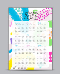 Calendar 2022 vector template, Lettering calendar, memphis style backgrounds, gift card, banner, poster, card and printable, pastel color