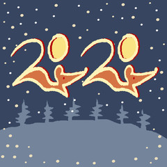 2020 number and rats on a winter snowy background with abstract christmas trees. The contours of the mice. Vector illustration for new year design.