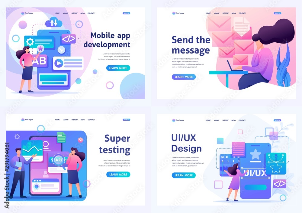 Poster set flat 2d concepts mobile app, ui ux design, super testing, send message. for landing page concept