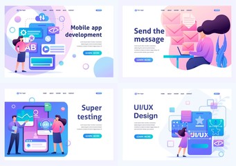 Set Flat 2D concepts Mobile app, UI UX Design, Super testing, Send message. For Landing page concepts and web design