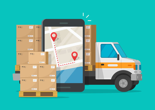 Postal logistic service or courier freight transportation delivery vector, flat cartoon cargo truck automobile with parcel packages and cellphone or mobile phone city map pin destination track image