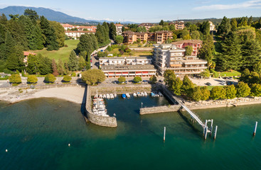 Aerial view of the pier of Ispra on the coast of Lake Maggiore, Lombardy, Italy