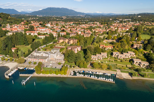 Aerial view of Ispra on the coast of Lake Maggiore, Lombardy, Italy