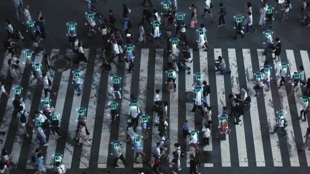 High Angle Shot of a Crowded Pedestrian Crossing in Big City. Augmented Reality Shows Visual Representation of Face Recognition Technology. Artificial Intelligence Learning Process.