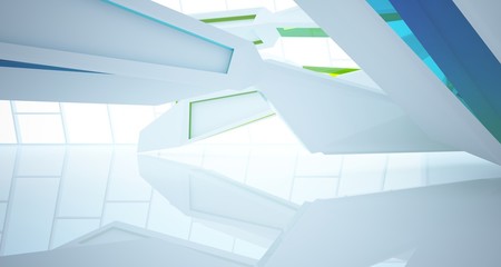 Fototapeta premium Abstract architectural glass gradient color interior of a minimalist house with large windows. 3D illustration and rendering.