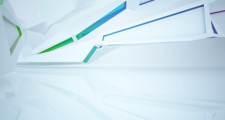 Fototapeta premium Abstract architectural glass gradient color interior of a minimalist house with large windows. 3D illustration and rendering.