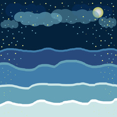 Abstract winter background. Snowfall, night sky, moon and snowdrifts. Template for design cards. vector illustration