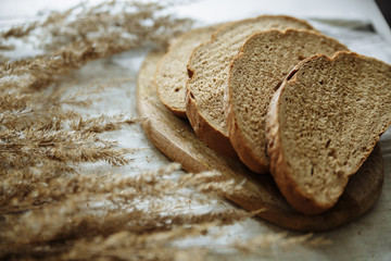 Cut bread on a wooden board