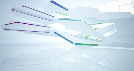 Abstract architectural glass gradient color interior of a minimalist house with large windows. 3D illustration and rendering.