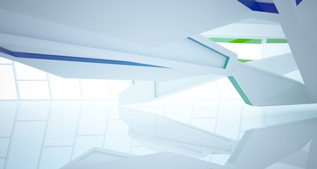 Fototapeta premium Abstract architectural glass gradient color interior of a minimalist house with large windows. 3D illustration and rendering.