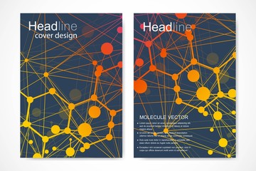 Vector templates for brochure magazine leaflet flyer cover booklet annual report. Modern futuristic hexagonal pattern with particle, molecule structure for medical, technology, chemistry, science.