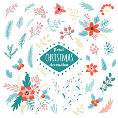 Christmas twigs Floral set bouquets Christmas foliage hand drawn blue color vector