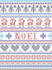 Simple Noel Christmas pattern with Scandinavian,  Nordic festive winter pasterns in cross stitch with heart, snowflake, snow, Christmas tree, reindeer, forest, star, snowflakes in gray , red, blue,