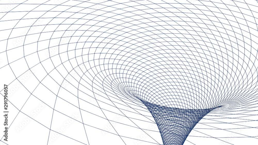 Poster the representation of a black hole with a blue wireframe surface showing time-space falling to the s