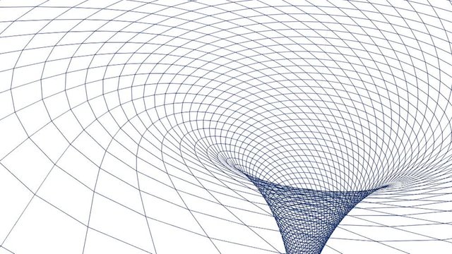 The representation of a black hole with a blue wireframe surface showing time-space falling to the singularity - 3D rendering videoclip