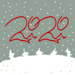 2020 number on a winter snowy background with abstract christmas trees. The contours of the mice