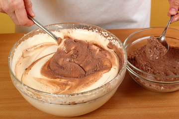 Mixing Cocoa Powder, Flour and Beaten Egg.  Making Chocolate Layer Cake. Series. 