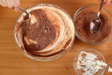 Mixing Cocoa Powder, Flour and Beaten Egg.  Making Chocolate Layer Cake. Series. 