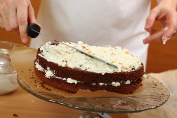 Spreading filling. Making Chocolate Layer Cake. Series.