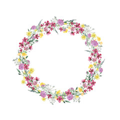 Watercolor wreath with wildflower, herbs, leaf. collection garden, wild foliage, flowers, branches. illustration isolated on white background.